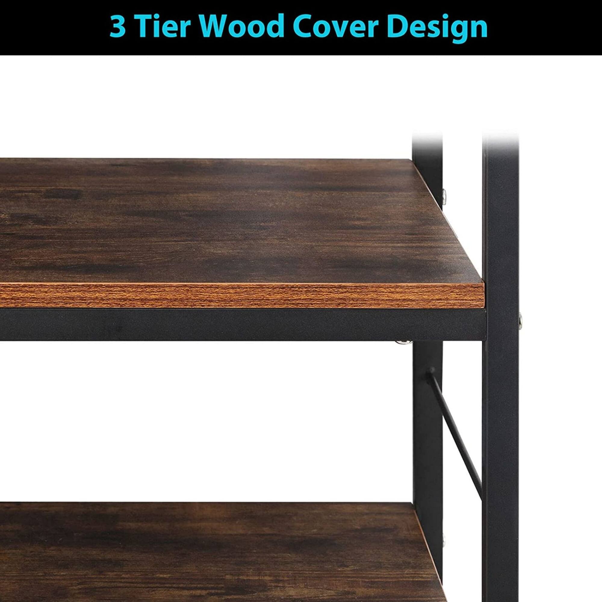 Rustic Brown Wood Kitchen Carts 3-Tier Rolling Rack with 10 Hooks